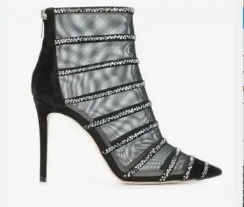 

2019 Fashion Transparent Mesh Stretch Fabric Sock Boots Thin Heels Pointed Toe Ankle Woman Boot