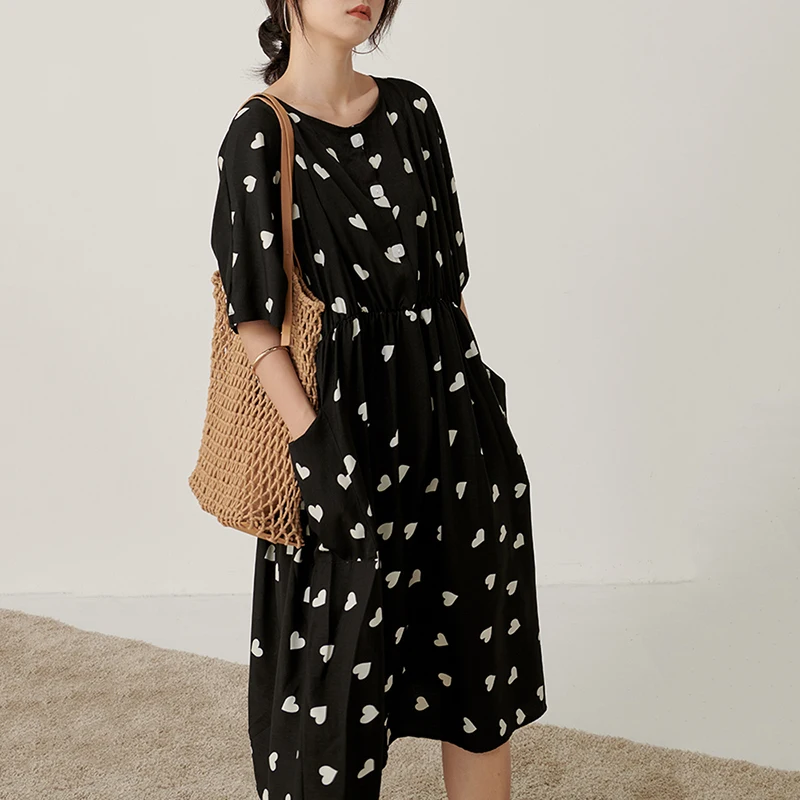 TVVOVVIN New Spring Summer Round Neck Half Sleeve Pockets Pattern Printed Loose Elegant Big Size Dress Women Fashion C743