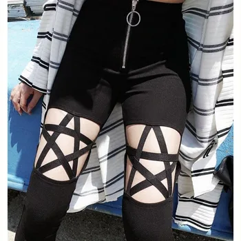 

NORMOV Fashion Before Zipper Leggings Women Slim Pentagram Hollow Black Leggings High Waist Patchwork Streetwear Female Leggings