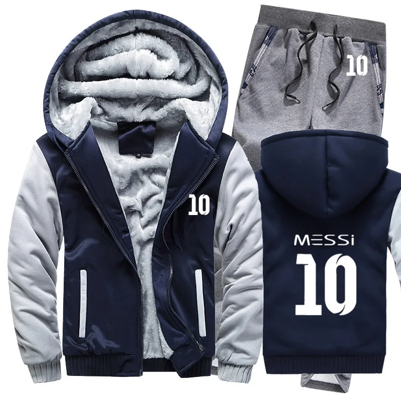 Зимняя мужская толстовка с капюшоном Messi 10 принт мужские s толстовки костюм толстый теплый флис хлопок спортивный костюм на молнии мужская куртка+ брюки комплекты из 2 предметов - Цвет: 806