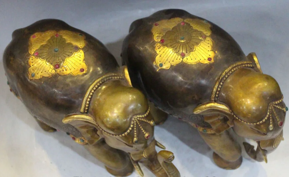 002118 Китай Фиолетовый Бронзовый инкрустация драгоценный камень Благоприятный Слон Heffalump статуя животного пара(A0414