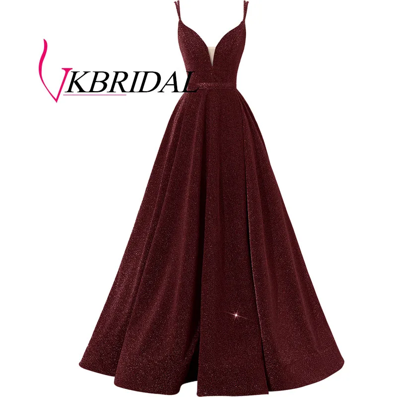 Бургундия Vkbridal блестящее длинное вечернее платье сексуальное v-образным вырезом с высоким разрезом серый халат de Soiree торжественные платья для выпускного с карманами - Цвет: Бургундия
