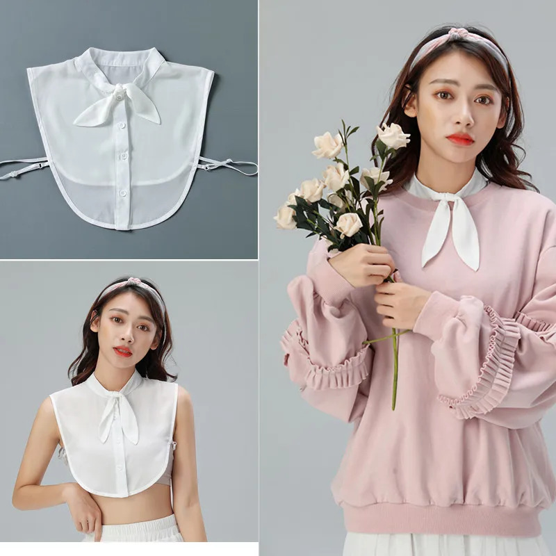 

Half-Shirt Blouse Women Sweeet Rabbit Ears Fake Collar Detachable Button Down Chiffon White Fake Collar