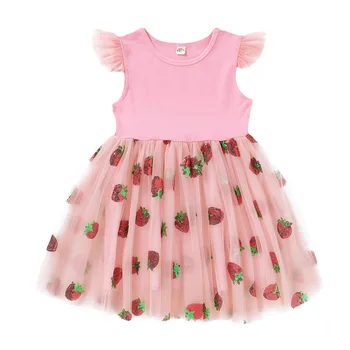 

Cute Mesh Princess Tutu Dress For Kids Girls Strawberry Printed Party Toddler Girls Dress Summer Casual Round Neck Dresses D30