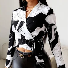 

2021 New V-neck Long Sleeve Colorblock T-shirt Ladies Women's Ladies Side Tie Temperament Cow Print Tie Front Wrap-around Top