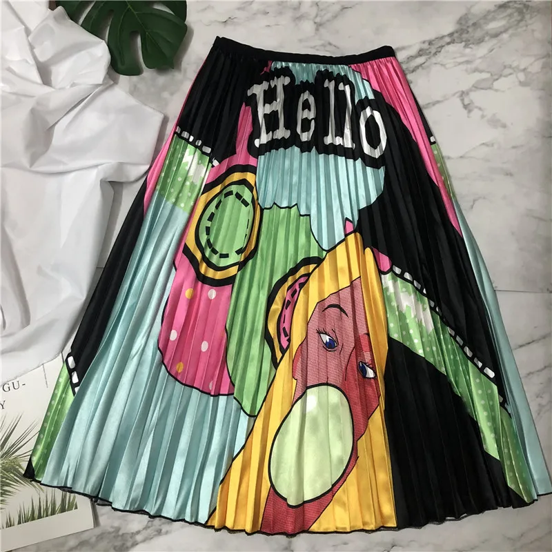 

Women Cartoon Letter Printed Elegant Pleated Long Skirts 2019 Autumn High Waist Harajuku Tulle A-Line Mid-Calf Skirts Female
