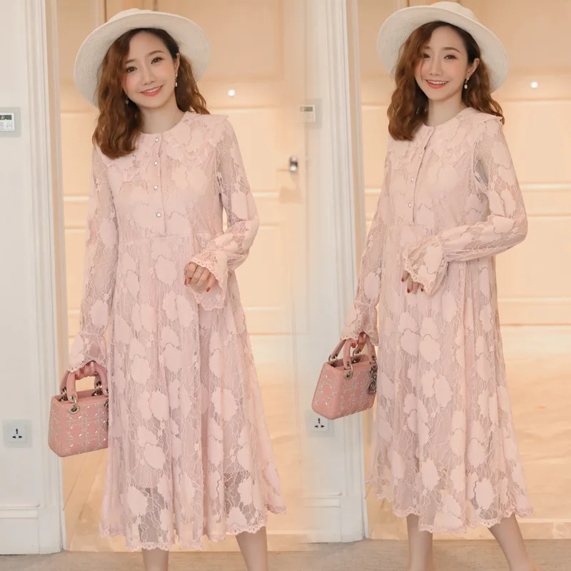 

Pregnant Women Spring Clothing Dress Korean-style Fashion Loose Lace Peter Pan Collar Maternity Dress-Nursing Thin Fashion Sprin
