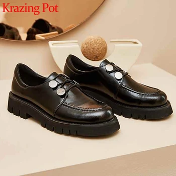 

Krazing pot genuine leather soft breathable leisure shoes round toe med heels fashion metal decorations lace up solid pumps L17