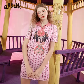 

ELFSACK Pink Mouse Print Vintage Casual Mini Dress Women 2020 ELF Summer Peter Pan Collar Short Sleeve Korean Ladies Dresses