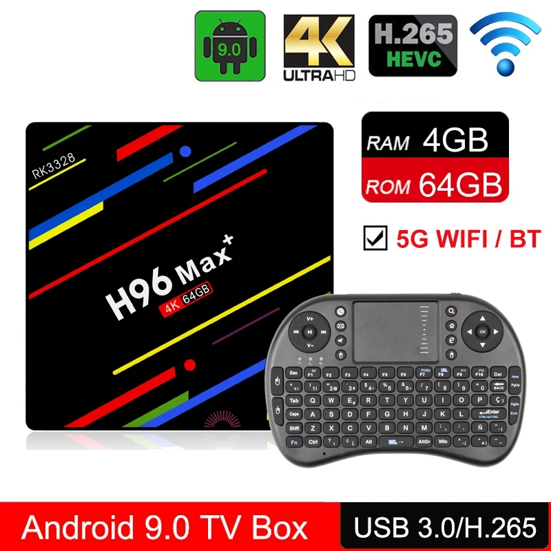 AAAE Top-H96 Max Plus+ Android 9.0 Tv Box 4G Ram 64G Rom Rk3328 Quad-Core 64Bit 2.4/5G Wifi Lan Smart Media Player H.265 Dlna Se