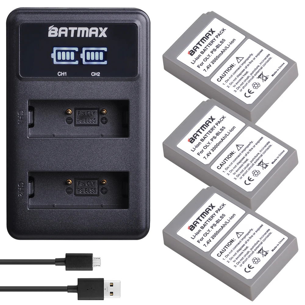 3 Pz 2000Mah Ps-Bls5 Bls5 Bls50 Batteria + Led Usb Doppio Caricatore Per Olympus Pen E-Pl2,E-Pl5,E-Pl6,E-Pl7,Om-D E-M10,Stylus1
