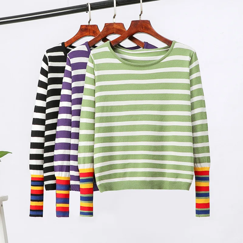 

Mooirue Women Rainbow Striped Kintting Pullover Autumn Vintage Streetwear Korean Harajuku O Neck Jumper Female Sweater Tops