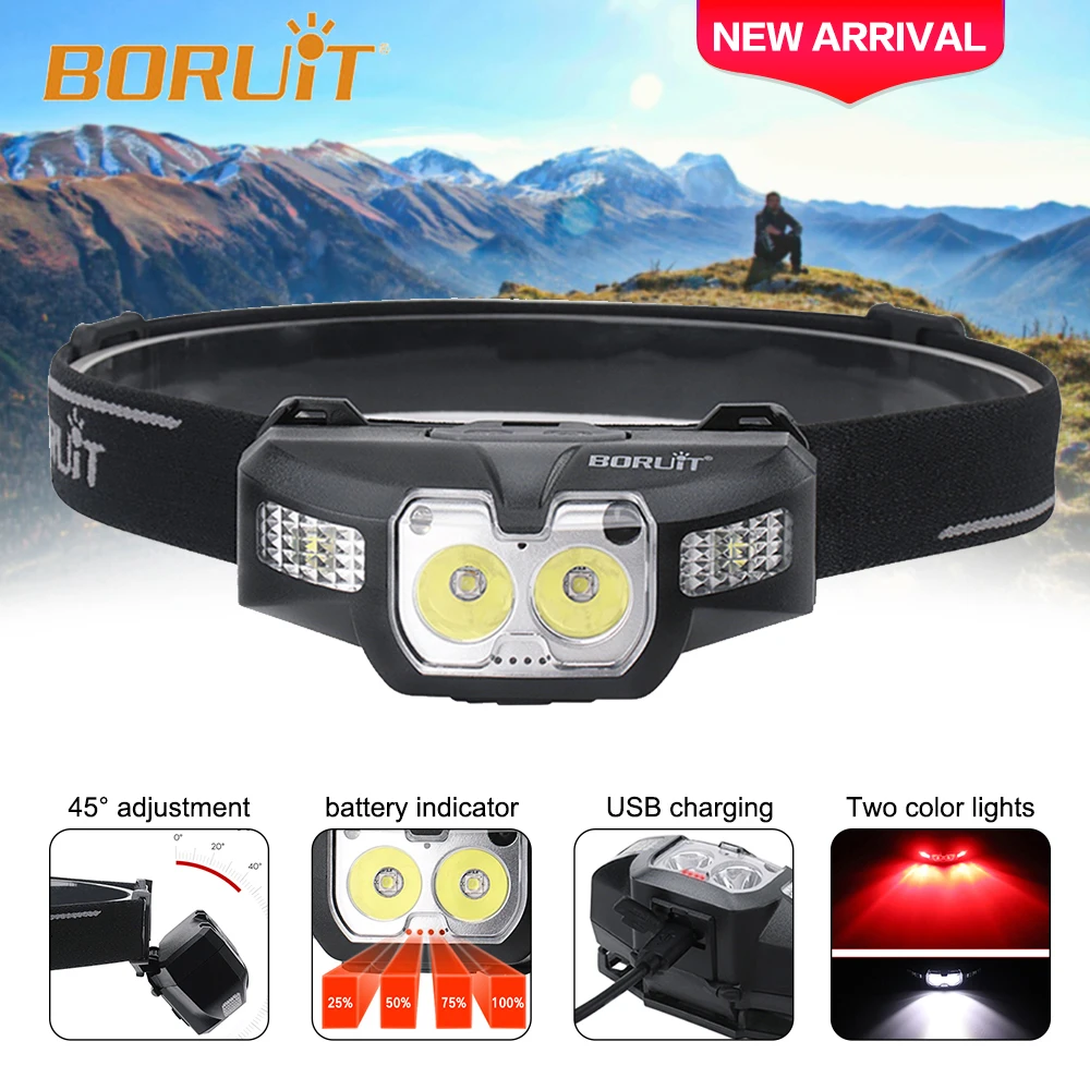 

BORUIT B30 New Headlamp Flashlight Powerful 18650 Headlight Infrared Sensor Head Lamp Light White Red LED Head Torch Lantern
