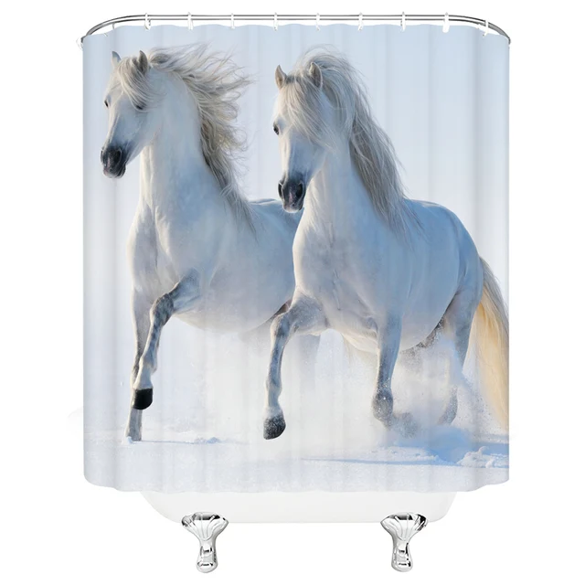Black White Horse Shower Curtains Strong Animal Running on the Snow Bathroom Decor Home Bathtub Waterproof Polyester Curtain Set G4690