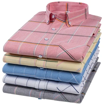 S-6XL Mens Oxford Plaid Casual Dress Shirt For Men Long Sleeve Front Patch Chest Pocket Regular-fit Button-down Thick Work Shirt