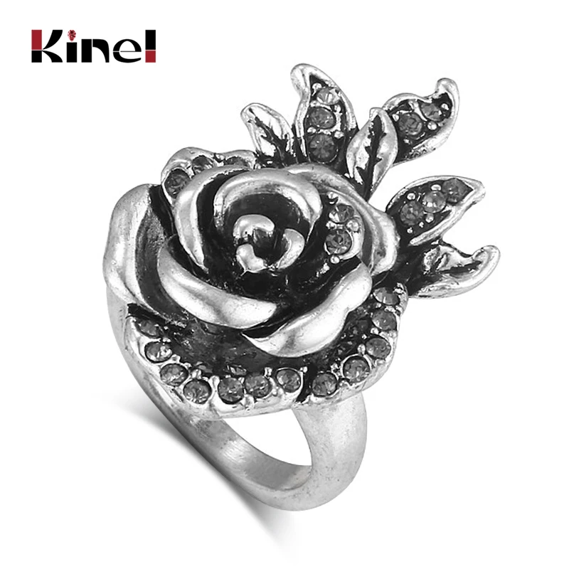 Женское кольцо Kinel винтажное серебряное с кристаллами в виде цветов|jewelry ring