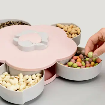 

Pink Blue Petal Shaped Rotating Candy Box Dish Snacks Tray Five Grid Dried Fruit Plate Food Container Kitchen Storage Tools