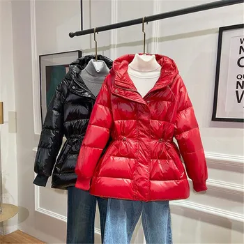 

New Women's parkas Glossy Fabric Drawstring Hooded DownJacket Coat