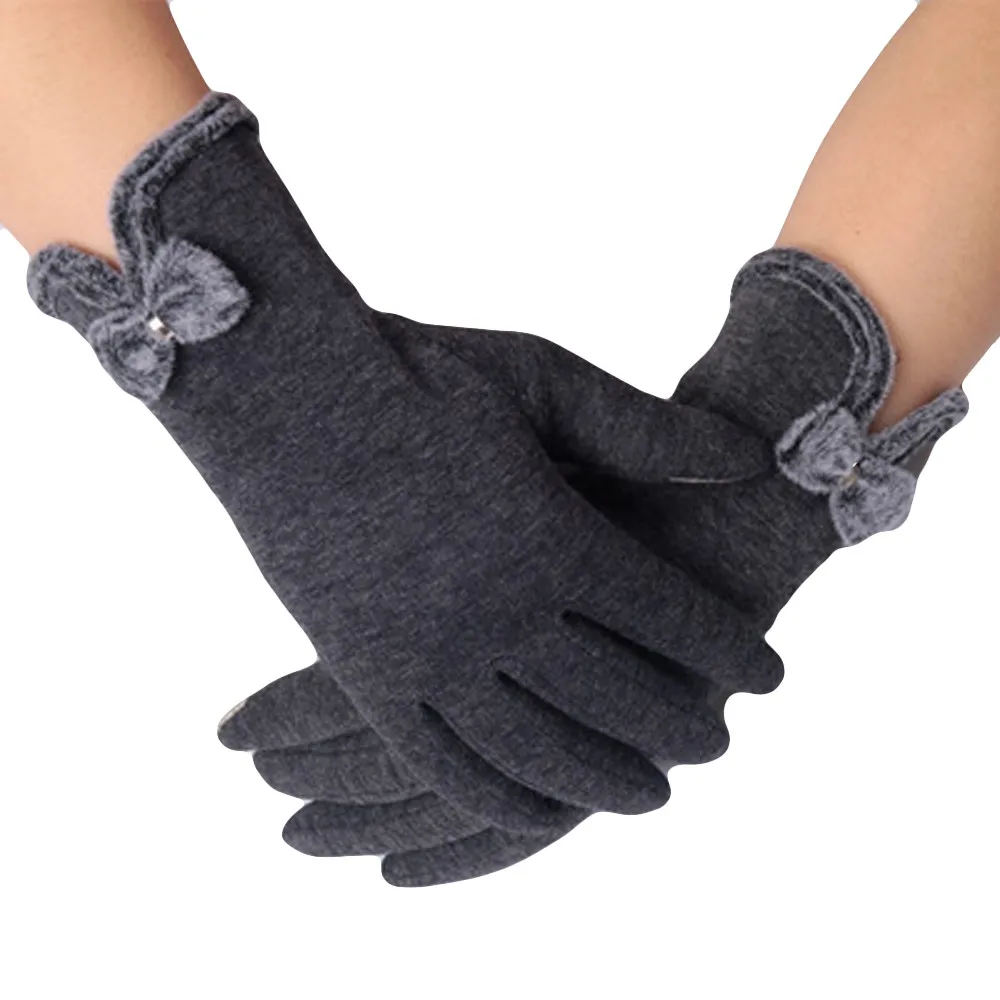 Женские зимние перчатки с бантиком, элегантные модные пушистые зимние теплые ветрозащитные перчатки на весь палец для рук, лыжные ветрозащитные перчатки для защиты рук, guantes - Цвет: Gray