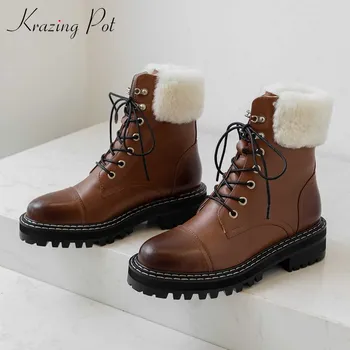 

krazing pot warm fashion lambswool cow leather snow boots round toe lace up rivets high heels winter women cozy ankle boots L25