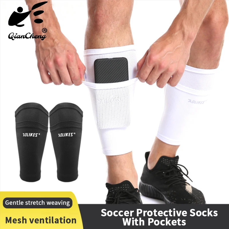 1 pair Soccer Protective Socks With Pockets Football Shin Guard Pads Leg Sleeves Support Children Adult Calf Protective Socks