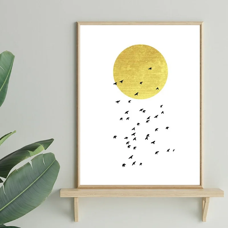 

Wall Art Canvas Painting White and Gold Flying Birds Art Print Gold Sun Minimalist Art Poster Bedroom Decor Boho Home Decoration