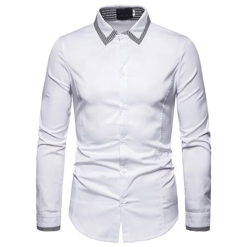High Quality Men Shirt Long Sleeve Solid Formal Business Brand Man Dress Shirts Stitching cuffs male shirt black white | Мужская одежда