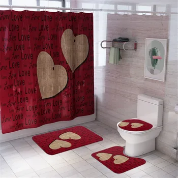 

Printed Love Shower Curtain Floor Mat Four-Piece Bathroom Toilet Mat Set Bathroom shower curtain beautiful decoration set шторы