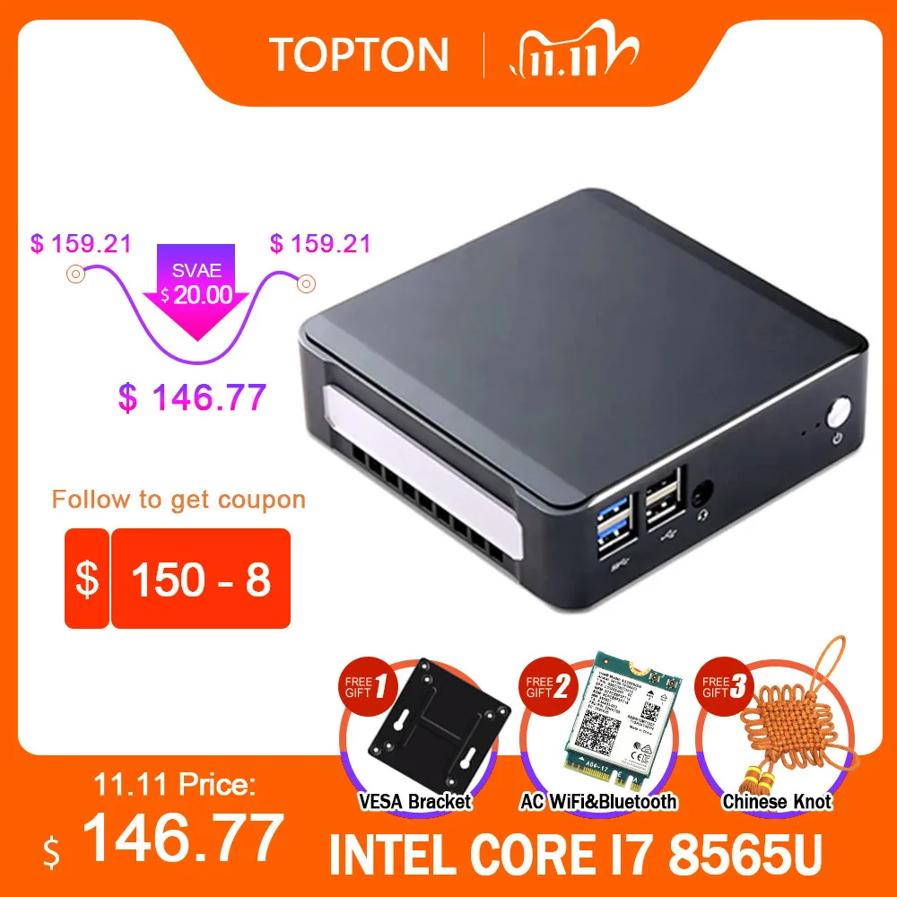 TOPTON Мини ПК Windows 10 Intel i7 10510U i5 10210U i3 8145U 2 * DDR4 M.2 Nuc компьютер Портативный Тип C 4K 60Hz