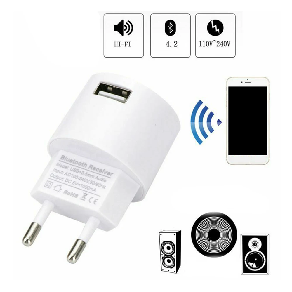Bluetooth приемник V4.2 аудио адаптер зарядное устройство переменного тока белого цвета 110 В до 240 В Белый Цвет ЕС США вилка с USB и 3,5 мм порт