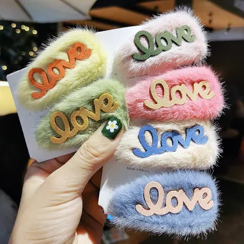

Korean Style Children BB Clip Female Plush Hairpins Female Winter LOVE Hair Accessories Popular Handmade Unique Hairpins aby