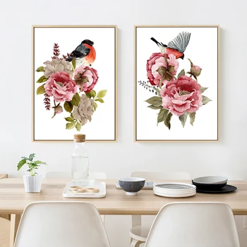 

Modern Peony Flower Floral Birds Printed Canvas Painting Living Room Wall Art Pictures No Frames