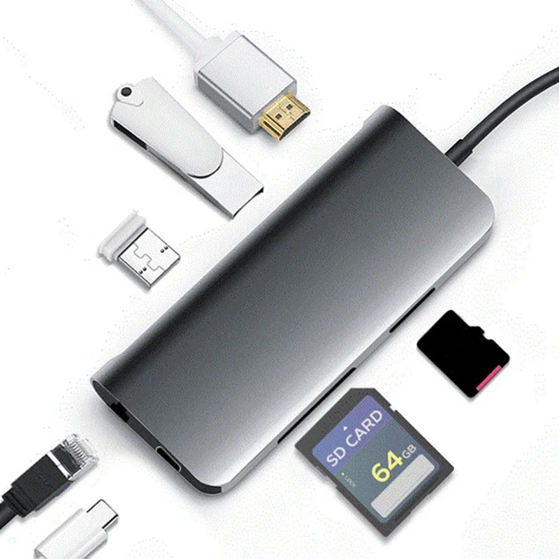 Адаптер 7 в 1 TC71N TYPE C с USB 3 0x2 + HDMI SD/TF кардридер RJ45 серебристо серый|Сетевые