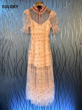 

Top Quality New 2020 Summer Wedding Party Ladies Sexy Sheer Mesh Embroidery Short Sleeve Casual Club Long Maxi Dress Vestidos