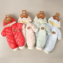 Зимние хлопковые комбинезоны для малышей; плотная одежда для альпинизма для новорожденных мальчиков и девочек; теплый милый комбинезон в виде медведя; Рождественская верхняя одежда с капюшоном