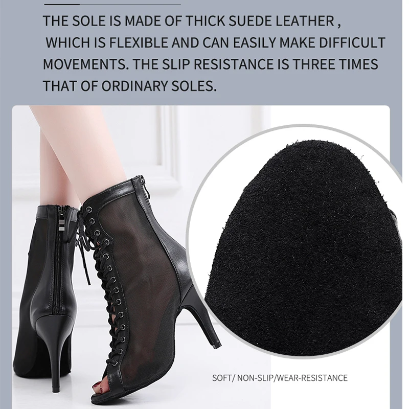 women High Tip Lace Up Ballroom Dance Boots ladies black Mesh high heel Bachata Salsa Dance Shoe women latin practice dance shoe 4