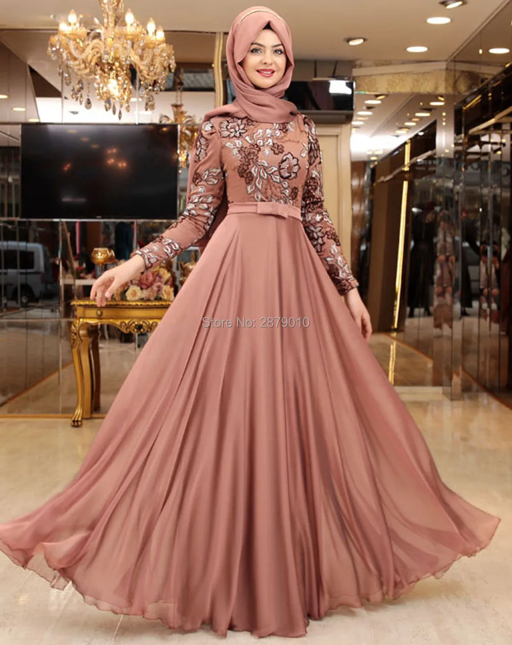 

Muslim New Arrival A-Line Long Evening Dress Floor-Length Lace Applique Long Sleeves Islamic Hijab Scarf Formal Women Dress
