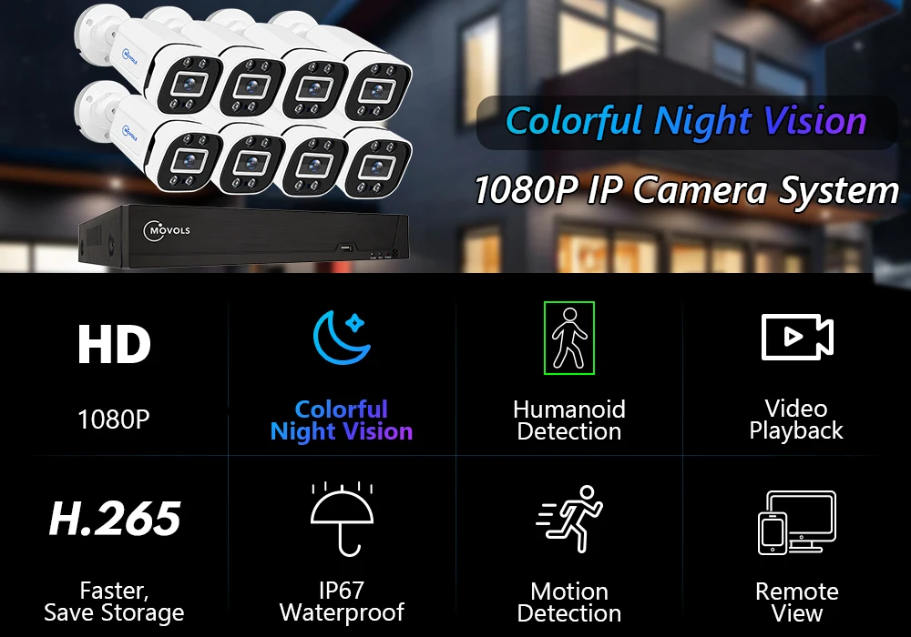 Movols 1080P AI Colorful Night Vision CCTV System H.265+ Outdoor Waterproof Vide