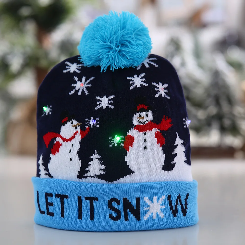 Рождественские украшения, шерстяной шар, вязаная шапка, светодиодный светильник, шапка для детей и шапка для взрослых