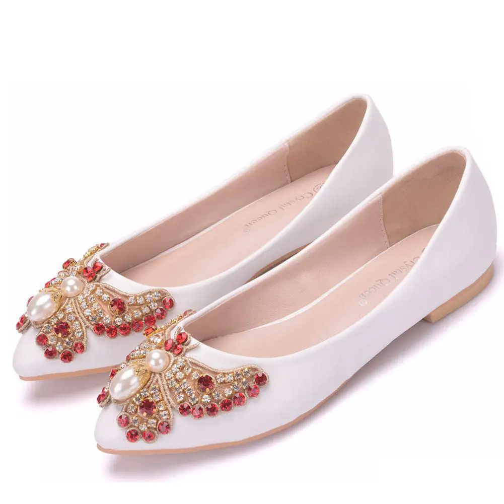 

34~43 Plus Size White Crystal Wedding Shoes Rhinestone Buckle Bridal Pointed Toe Bow Flats Beaded Butterfly Leather Single Shoes