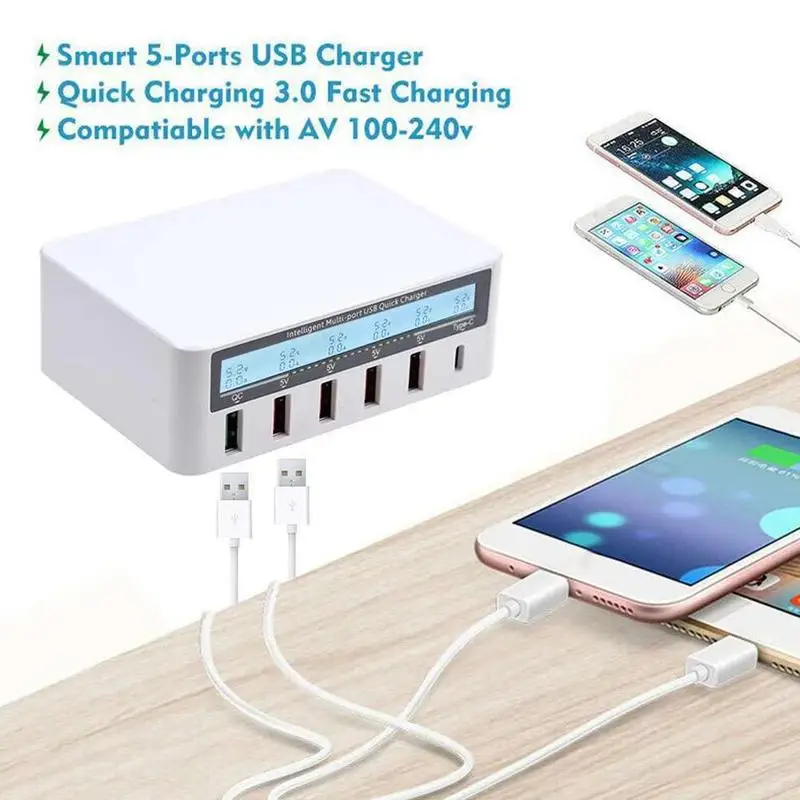 6 портов USB зарядное устройство Быстрая зарядка QC 3,0 SLCD дисплей зарядная станция Док-станция для samsung мобильного телефона+ type-C зарядное устройство концентратор адаптер