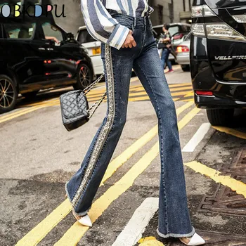 

Plus Size Fringed Pearl Embroidered Flare Jeans Women Boot Cut Trousers Casual Stretch Skinny Bell Bottom Denim Pants Streetwear