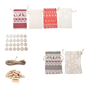 

JEYL Christmas Burlap Gift Bags Set Candy Gift Bag Hanging Bag Wrapping Hessian with Number Wood Tag Drawstring Hemp Bags