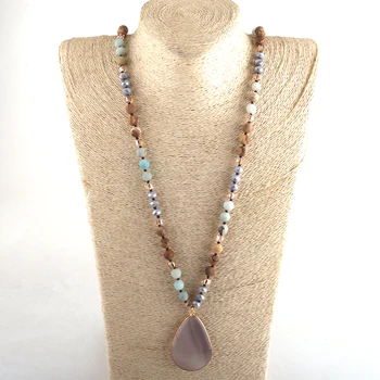 

RH Fashion Bohemian Tribal Jewelry Crystal / Stone Long Knotted Agt Pendant Necklaces For Women jewelry