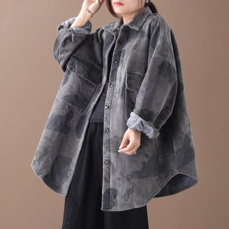 Autumn New Pattern Lapel Long Sleeve Leopard Patchwork Vintage Loose Large Size Vintage Cotton Padded