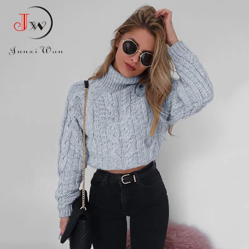 Suéter de punto para mujer, Jersey corto de manga larga y cuello alto, de punto, a la moda, otoño e invierno, 2021