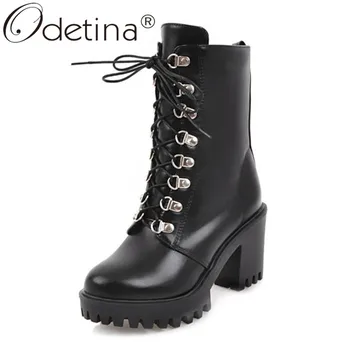 

Odetina Women Winter Autumn Cross-tied Combat Boots Ladies Round Toe Lace Up Platform Mid Calf Boots Block Chunky Hihg Heel