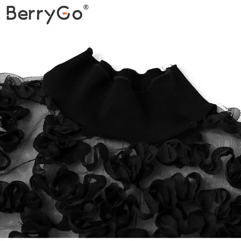 BerryGo, Сексуальная кружевная блузка с прозрачной сеточкой, женские модные вечерние рубашки для клубов, цветочные водолазки с длинным рукавом, женские черные топы