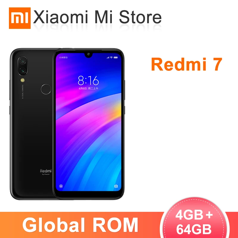 Мобильный телефон Xiaomi Redmi 7 с глобальной ПЗУ, 4 Гб ОЗУ, 64 Гб ПЗУ, Восьмиядерный процессор Snapdragon 632, камера 12 МП, 6,26 дюймов, 19:9, полный экран