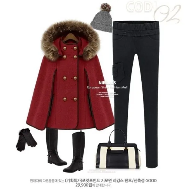 Модное шерстяное пончо, пальто, женское, меховой воротник, с капюшоном, шерстяная куртка, Осень-зима, плащ, куртка, Свободный плащ, накидка, верхняя одежда - Цвет: Красный